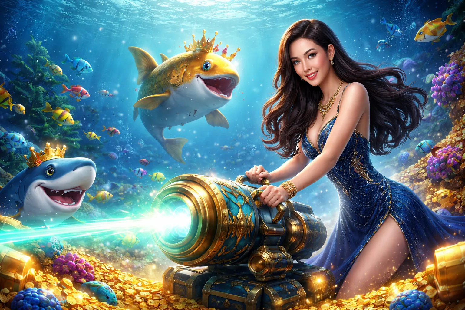 Hình ảnh chính của tài bắn cá xèng iOS với đồ họa đẹp mắt và sinh vật biển sống động